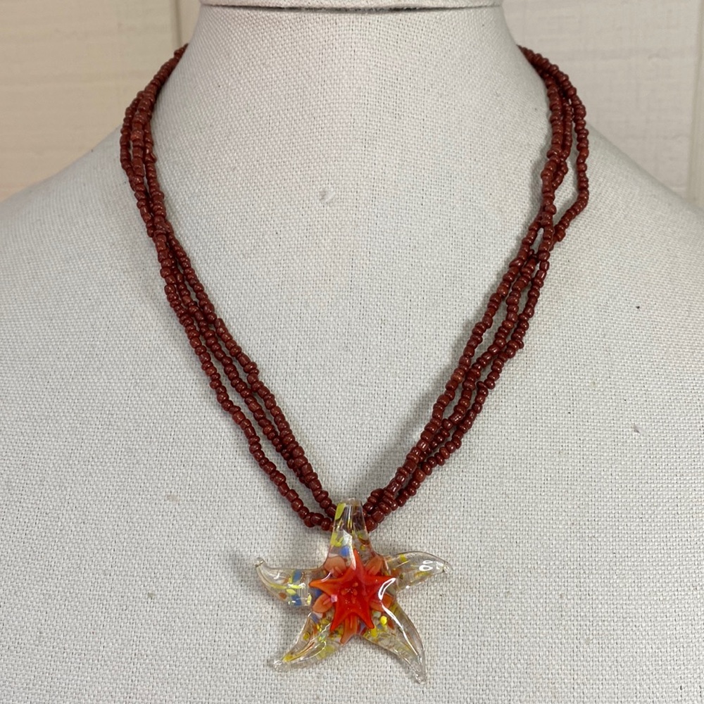 Brown seed bead multi strand necklace with glass starfish
